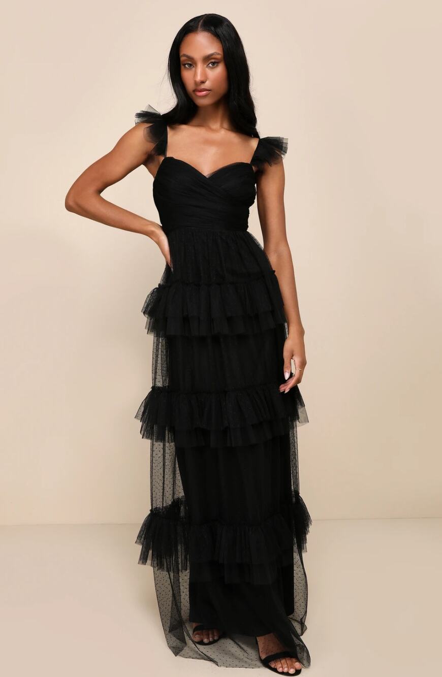 LULU'S Pure Radiance Black Mesh Swiss Dot Tiered Maxi Dress Size XS
